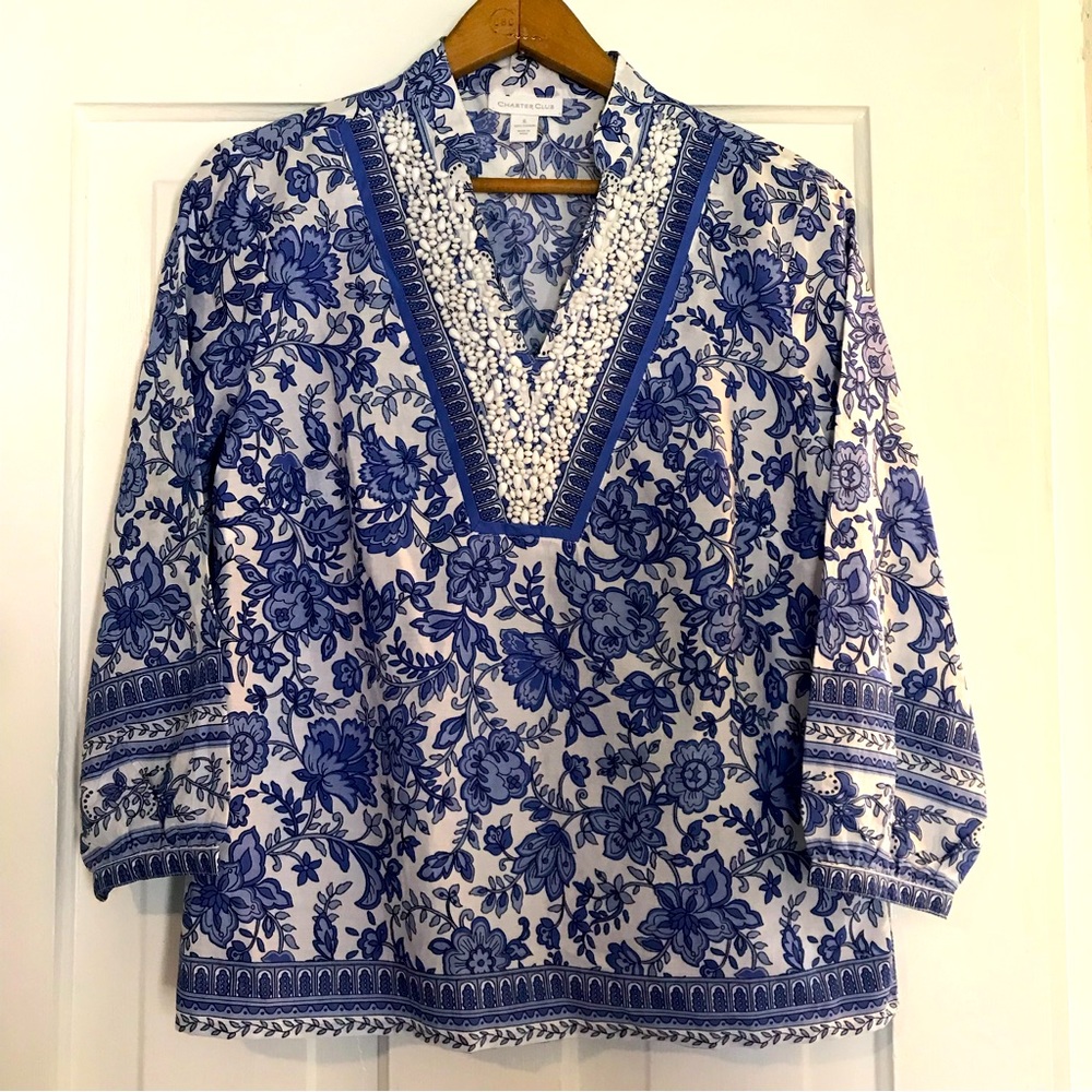 Charter Club beaded floral tunic top cotton